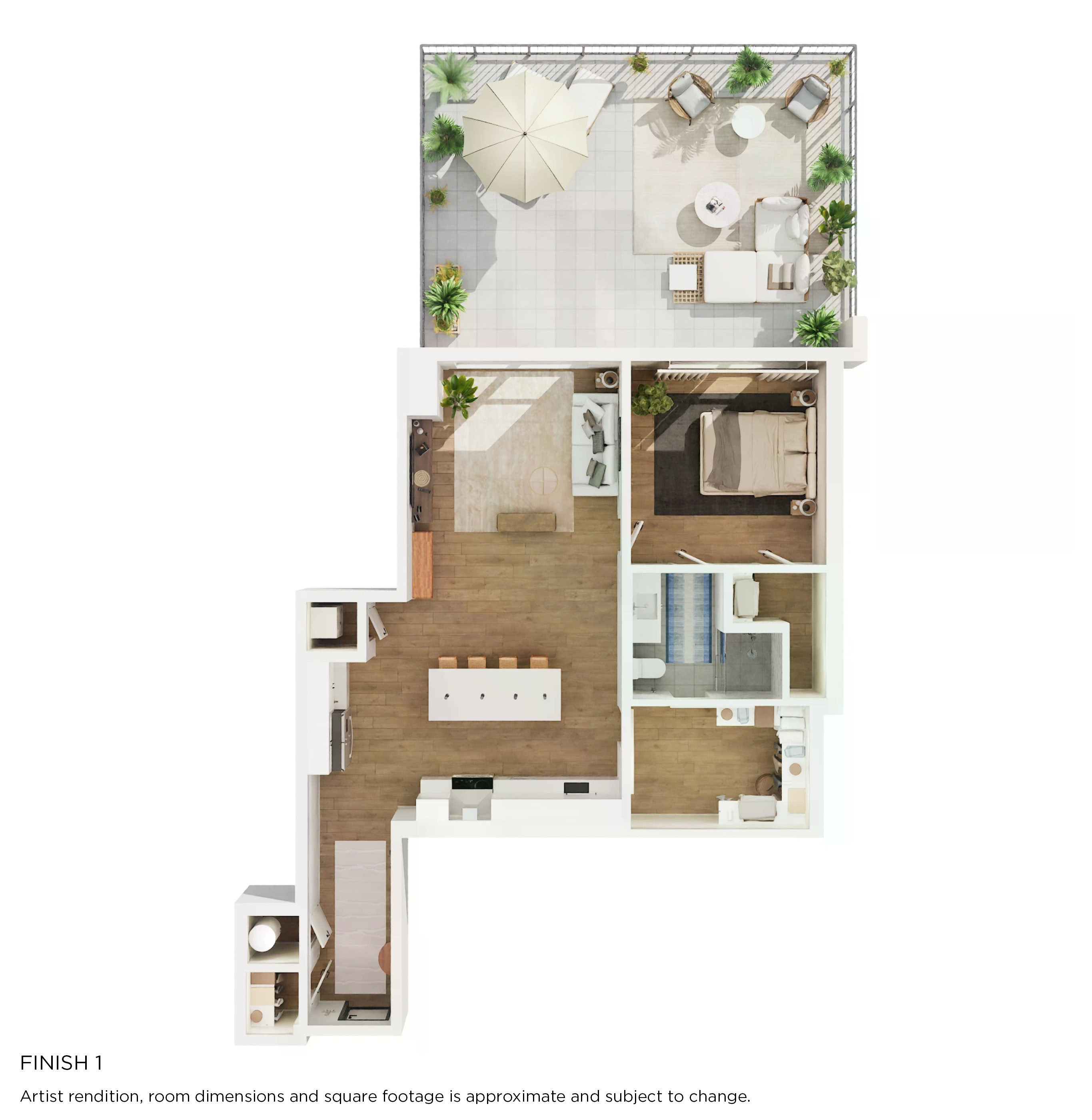 Floor plan for 1 bed, 1 bath, 937 sqft